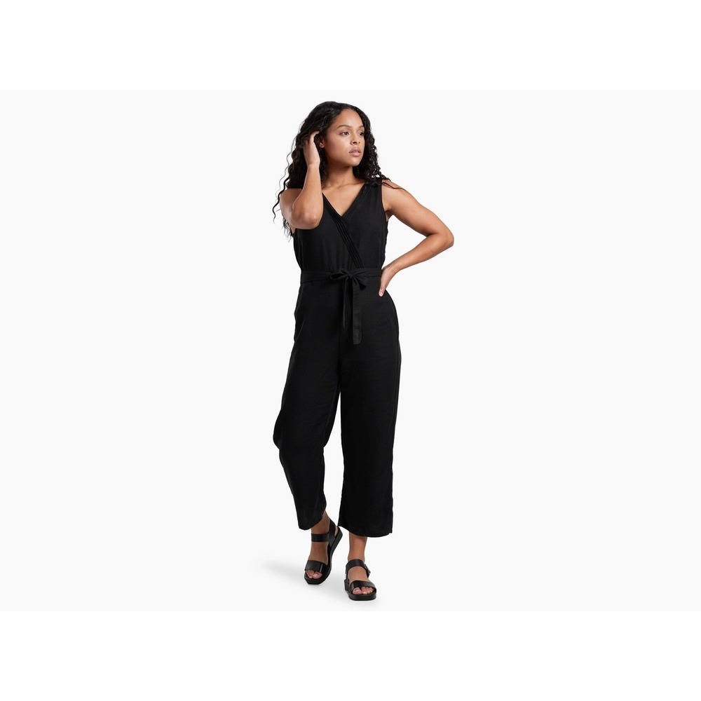 Kuhl Fresco Jumpsuit Womens Size XS Black‎ Linen Wrap Front Sleeveless V Neck